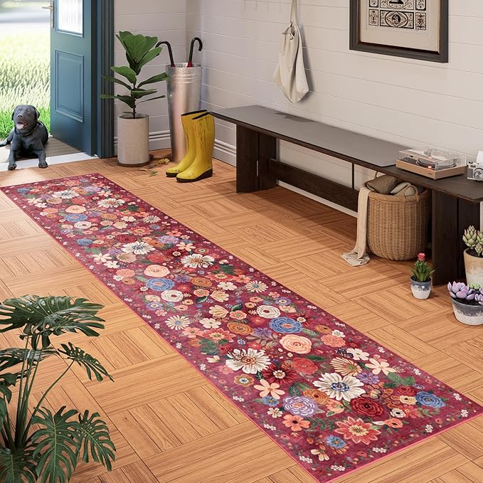Floral Hallway Runner Carpet Non-Slip, 2x10 Washable Rug Ultra-Thin Soft for Hallways, Kitchen Mat Stain Resistant for Entryway Bathroom (2 x 10, Red Garden)