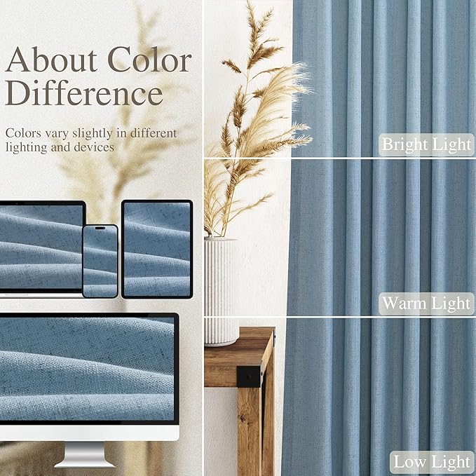 Nanspring Blue Semi Sheer Linen Curtains 90 inch Length for Living Room Back Tab Rod Pocket Modern Farmhouse Coastal Decor Dusty Blue Cotton Textured Gauze Curtains for Dining Room Office 52x90