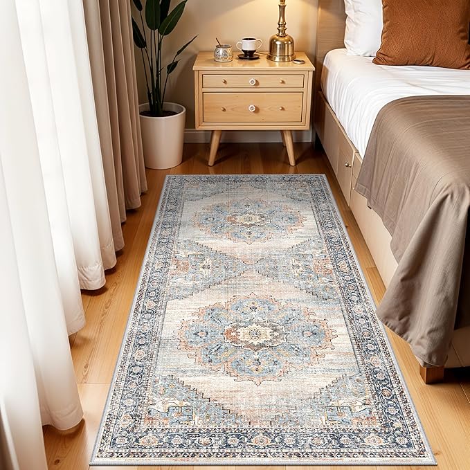 Non-Slip Kitchen Runner Rug 3x6 - Washable Low Pile Stain Resistant Hallway Entryway Carpet for Bathroom Indoor Soft Comfort Floor Mat for Bedside & Sink Area (Blue, 3X6)