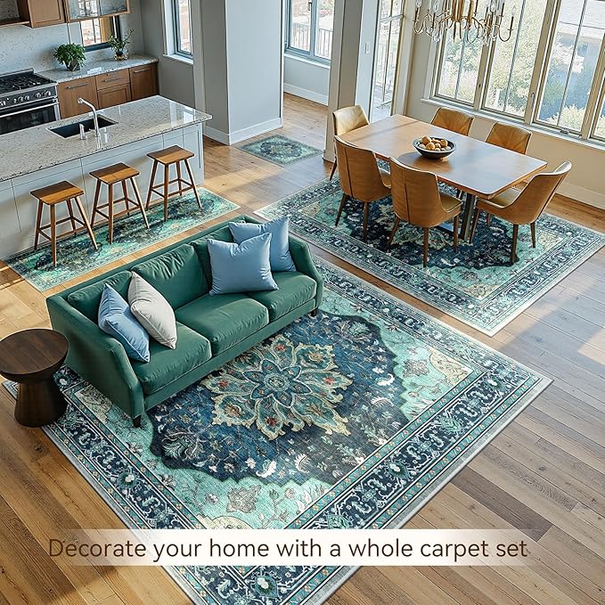 Area Rugs 5'x7' Washable Non-Slip, Floral Vintage Distress Print Pattern Medallion Carpet for Living Room Bedroom Dining Room, Teal Green Lake Blue Turquoise