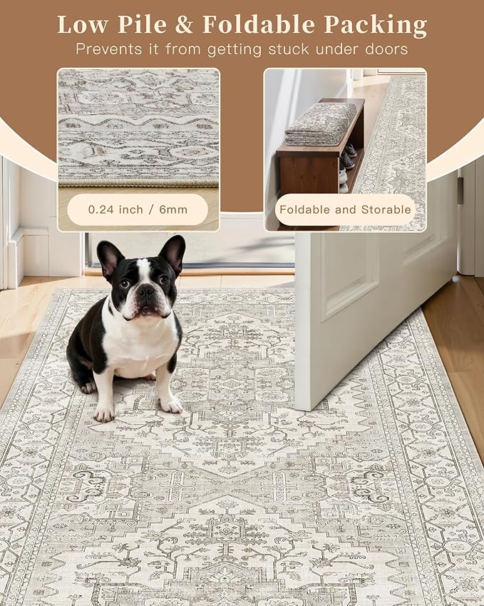 Madane Runner Rug 2x8, Washable Hallway Runner Rugs, Non-Slip Low-Pile Soft Kitchen Rug Runner Laundry Room Rug, Vintage Throw Entry Foyer Mat for Entrance Living Room (Beige/Brown, 2 x 8)