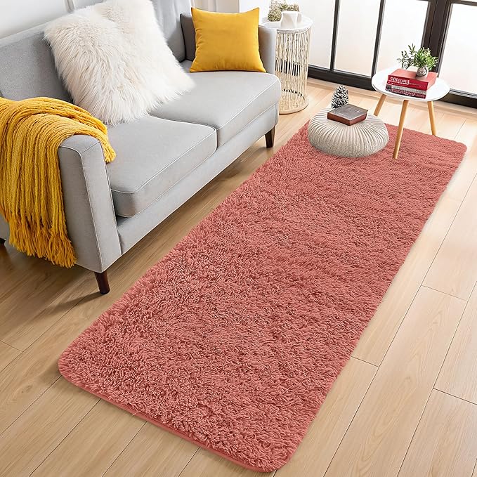 OLANLY 2x6 Machine Washable Runner Rugs for Hallway, Soft Fluffy Shaggy Bedside Rugs for Bedroom, Living Room, Indoor Floor Carpet for Kids Girls and Boys, Home Decor Aesthetic, Rust Red