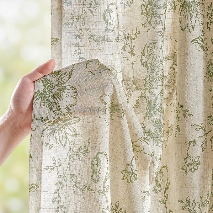 jinchan Linen Blend Floral Curtains for Living Room 108 Inch Length Farmhouse Printed Curtain Rod Pocket Back Tab Sage Green Peony Flower Patterned Drapes Bedroom Curtains Set 2 Panels