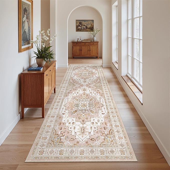 Madane Runner Rug 2'6''x8' Kitchen Runner, Hallway Runner Printed Vintage Washable Rugs Soft Non-Slip Low Pile Runners for Hallways Laundry Room Rug Distressed Rug, Pink