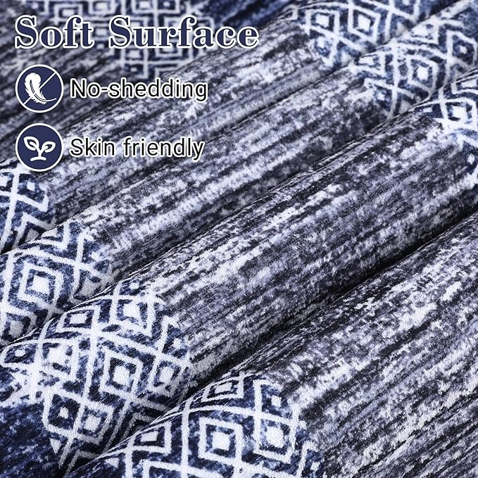 GarveeHome 10x13 Large Washable Geometric Area Rug Non Slip Non Shedding Floor Carpet, Modern Bordered Distressed Navy Blue Indoor Printed Rug for Living Room, Bedroom, Office