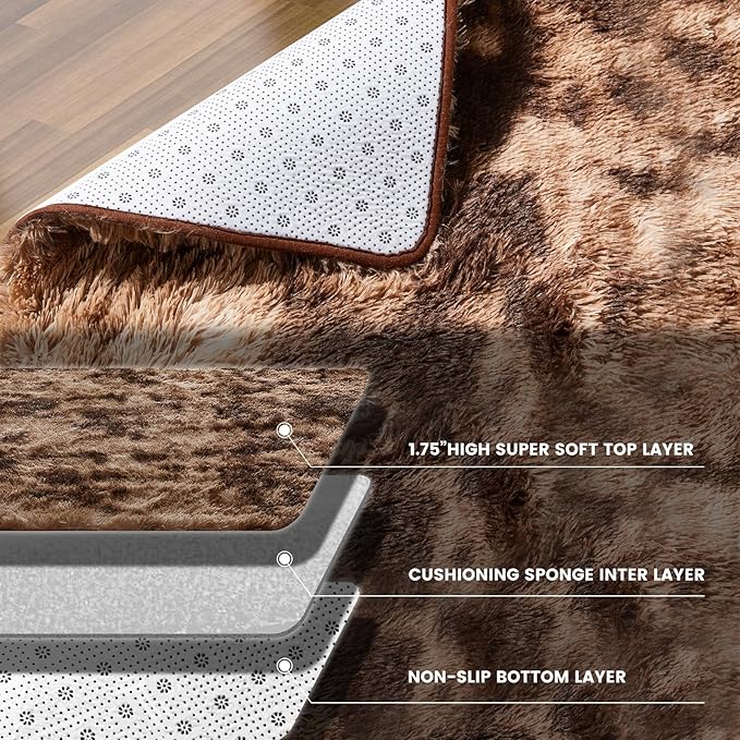 Fluffy Shag Area Rugs for Bedroom, 5x7 Ft Tie-Dyed Coffee Upgrade Anti-Skid Rectangular Cozy Rug, Indoor Shag Fuzzy Carpets for Boy and Girls Room Dorm Home Decor Aesthetic