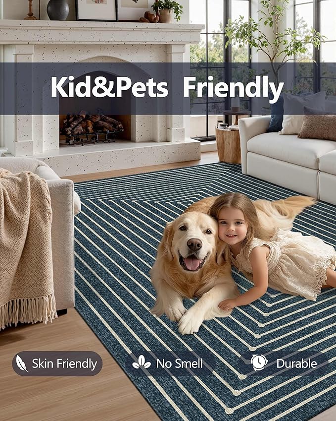 Latte&Fog 8x10 Area Rugs for Living Room, Large Modern Abstract Washable Rug, Boho Non Slip Low Pile Carpet for Indoor Bedroom Dining Room, Office, Dorm, Classroom, Farmhouse and Kids Room - Blue