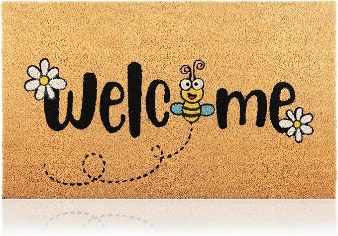 Bee - 17"x29" - Coir Door Mat with Heavy Duty Backing - Welcome Mats for Entryway, Porch - Anti-Slip PVC & Coconut Fiber Surface - Natural Home Accessories, Minimalist Original Design