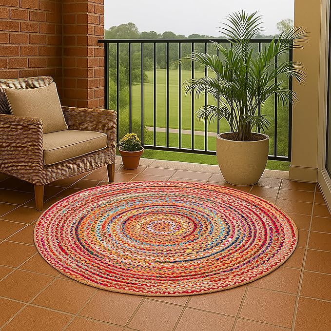 Hausattire Bohemian Braided Rug 5' Round - Multi Color, Rustic Hand Woven Rag Rugs for Kitchen, Kids Bedroom, Living Room | Colorful Farmhouse Pet Friendly Reversible Decorative Carpet