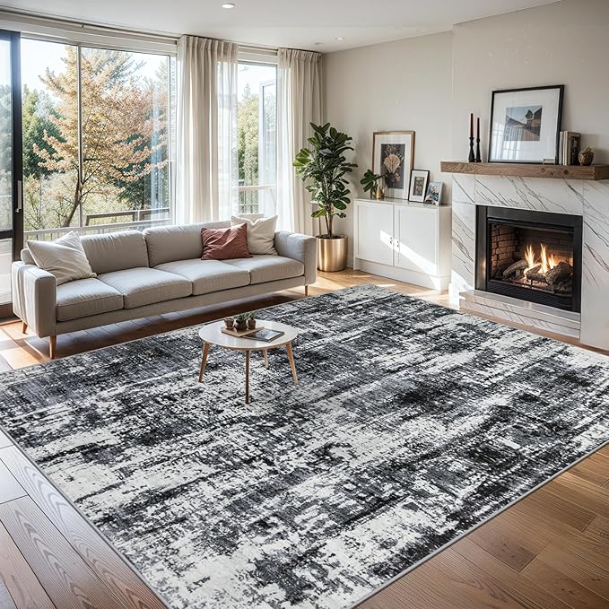 Area Rugs 10x12 Living Room - Washable Rug Modern Abstract Soft Large Neutral Non-Slip Carpet Indoor Floor Thin Carpets for Bedroom Dining Room Farmhouse Nursery Home Office Black