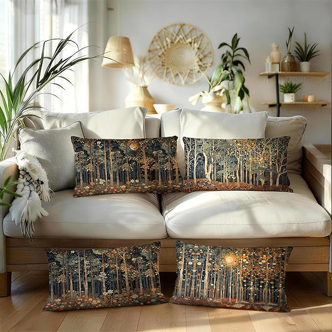 Rustic William Morris Inspired Forest Moon Pillow Covers 12x20 Set of 4,Vintage Botanical Nature Landscape Decorative Throw Pillow Covers for Home Bedroom Living Room,Fall Home Room Decor