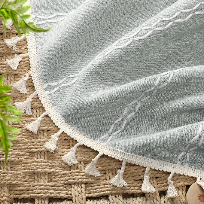 Teal Boho Blackout Curtains 96 Inches Long Light Green Linen Blend 2 Panels with Tassels and Cotton Embroidery, Farmhouse Vintage Rustic Rod Pocket Drapes for Living Room or Bedroom