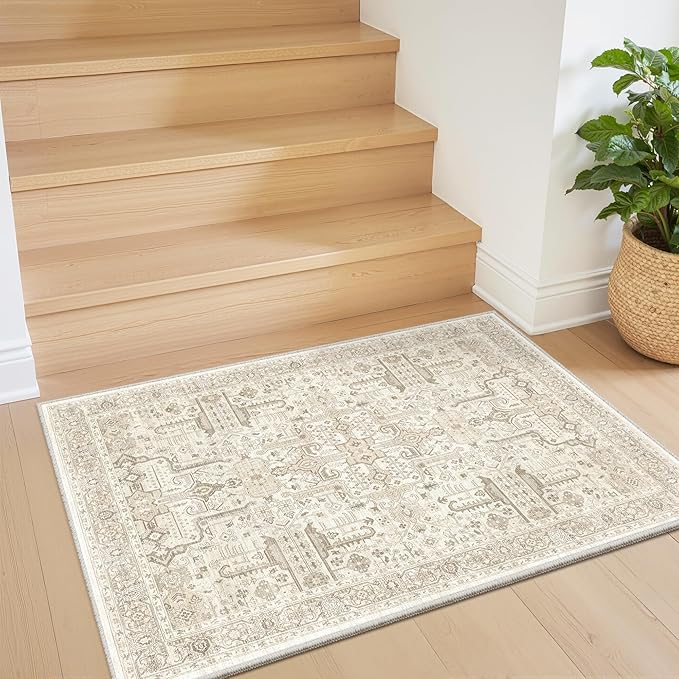 Washable 2x3 Entryway Area Rug - Small Non Slip Vintage Kitchen Runner Rugs Indoor Entrance Soft Neutral Stain Resistant Bathroom Mat Farmhouse Carpet for Bedroom Living Room Entry Laundry 2'x3' Beige