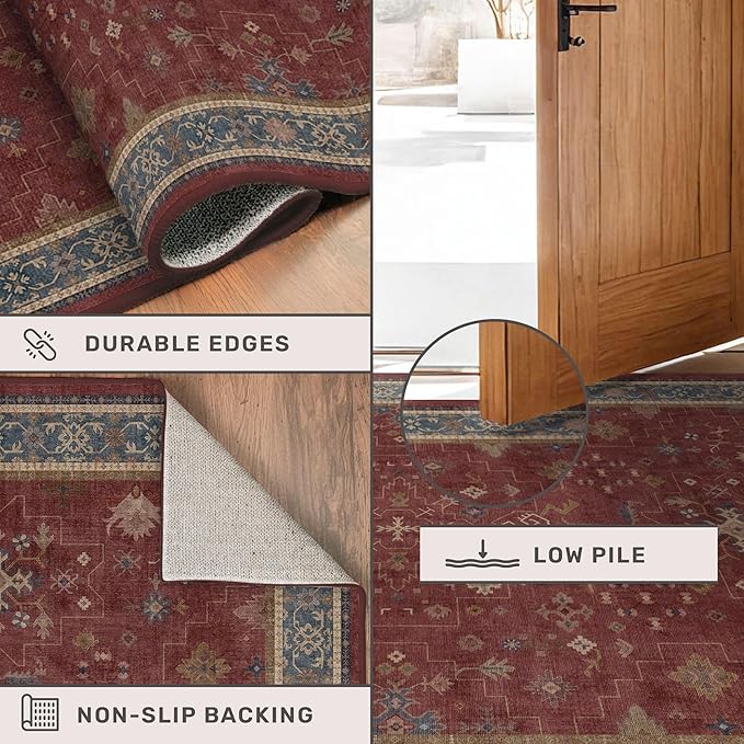 Hazo Haus Moroccan Big Rugs for Living Room - Dark Red 10x14 Area Rug for Large Bedroom, Dining Room, Washable Lightweight Low Pile Foldable Oriental Burgendy Home Décor
