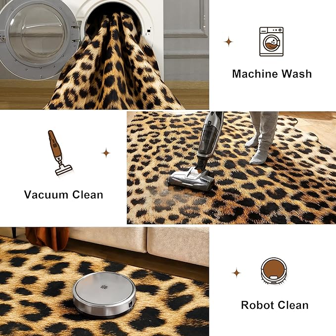 AROGAN Western Decor Faux Fur Leopard Rug, 4.6 x 5.2 Feet Premium Animal Skin Leopard Hide Rug, Sturdy Cheetah Print Rugs for Wall Decor, Western Floor Carpet for Bedroom Living Room, Black and Gold