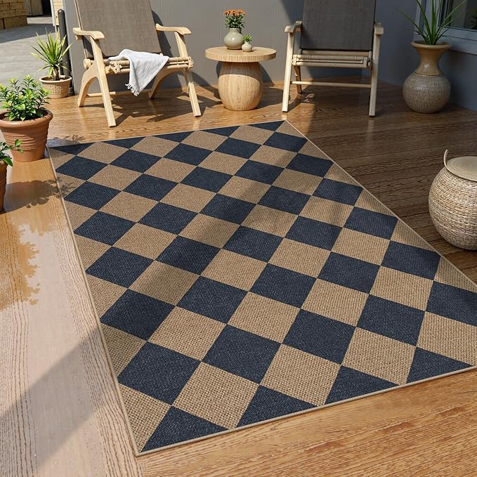 Lahome Colette Checkered Easy Jute Entryway Rug, 3x5 Washable Area Rugs for Living Room Outdoor Patio, Non Slip Blue Indoor Door Mat Checkerboard Throw Carpet for Entry Front Door Guestroom Deck