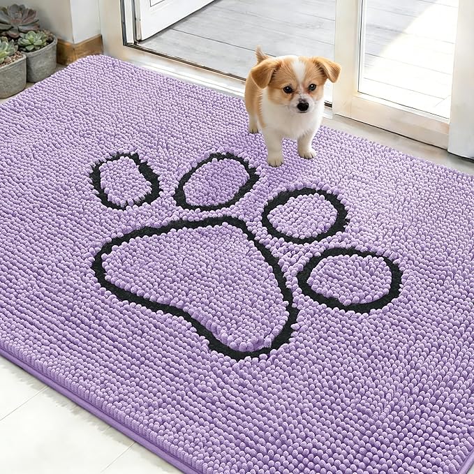 OLANLY Dog Door Mat for Muddy Paws 48x30, Paw Print Design, Absorbs Moisture and Dirt, Absorbent Non-Slip Washable Doormat, Quick Dry Chenille Mud Mat for Dogs, Entry Indoor Entryway Carpet, Lavender