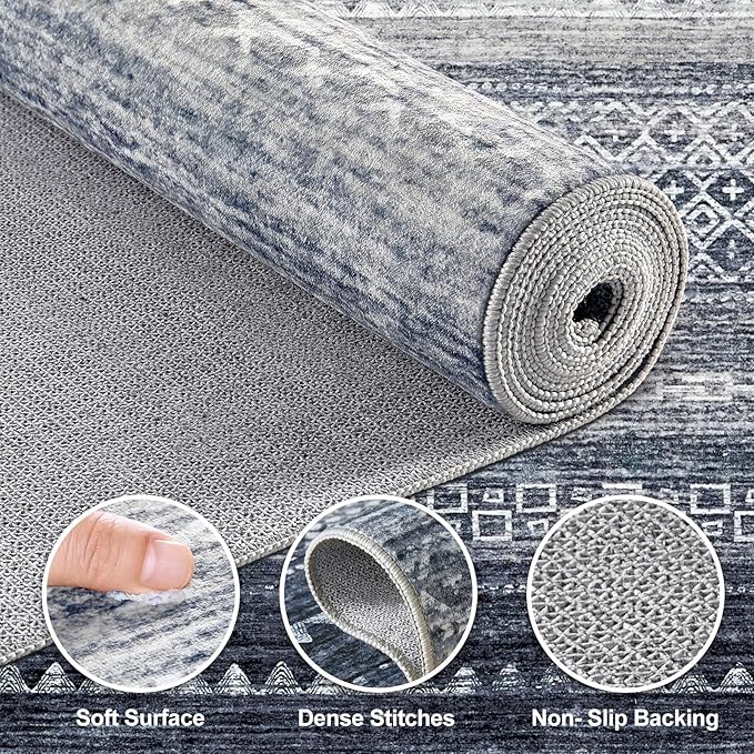 Nakagishi 8x10 Area Rugs Living Room: Washable Boho Large Neutral Soft Modern Rug Stain Resistant Moroccan Non Slip Indoor Floor Carpet for Bedroom Nursery Kids Playroom Office Dining Room- Blue