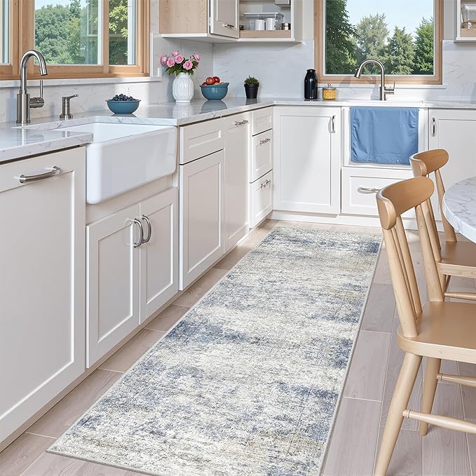 2x5 Rug Runner Washable for Entryway, Soft Bathroom Rugs with Non-Slip Backing, Abstract Low Pile Hallway Runner, Vintage Small Kitchen Carpet for Laundry Room(2'x5', Blue/Brown/Ivory)