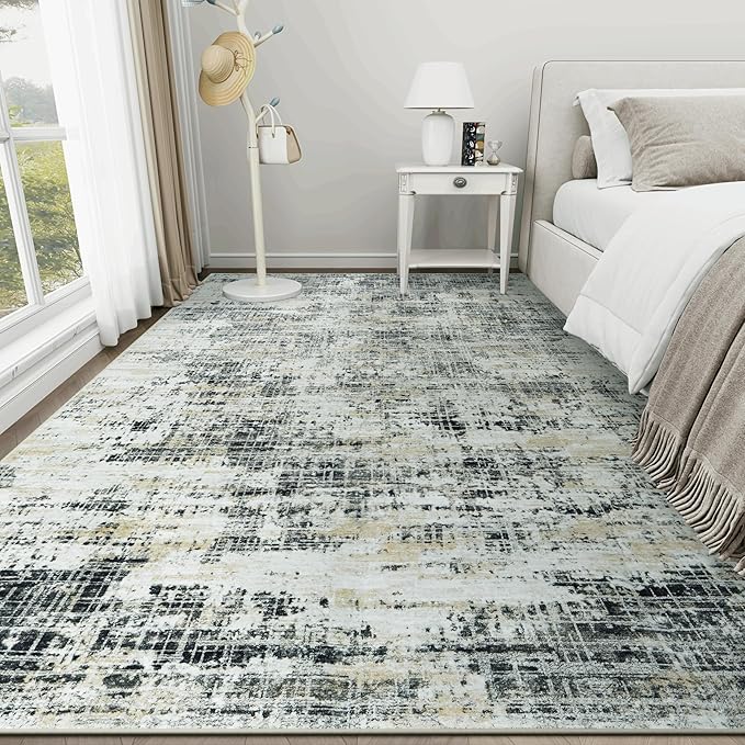 8x10 Area Rugs for Living Room Washable Rug: Anti-Skid Abstract Modern Living Room Rug Soft Thin Carpets Indoor Floor Non-Shedding Carpet for Bedroom Dining Farmhouse Nursery Black Gray Gold