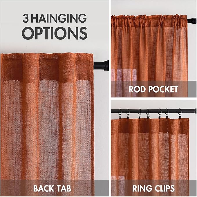 MIULEE Rust Curtains 90 Inch Length 2 Panels for Bedroom Living Room, Terracotta Soft Thick Linen Textured Window Drapes Semi Sheer Light Filtering Back Tab Rod Pocket Burlap Look Fall Decor