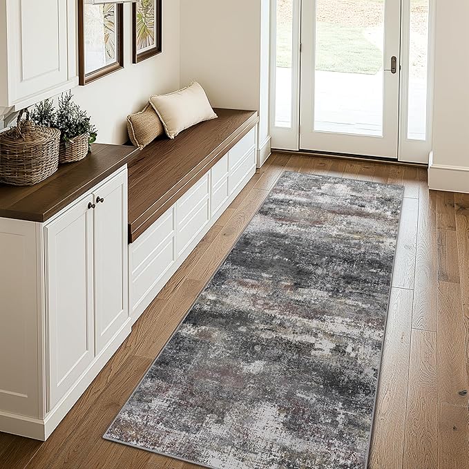 Runner Rug for Hallway Kitchen, 2x5 Machine Washable Runners Rug for Entryway, Soft Modern Abstract Throw Rugs, Low Pile Floor Cover with Non Slip Backing, Dark Gray