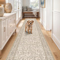 TOPRUUG 2x12 Washable Runner Rug - 12ft Runners for Hallway Non Slip Kitchen Rugs Soft Low Pile Carpet for Bedroom Bathroom Entryway - Stain Resistant Vintage Home Decor (Floral/Beige, 2X12)