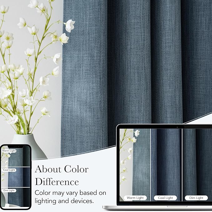 NICETOWN Mist Blue Faux Linen Room Darkening Rod Pocket Curtains 63 inch Length, W42 x L63, Light Blocking Thermal Insulated Noise Reducing Drapes for Bedroom Living Room Farmhouse Decor, 2 Panels