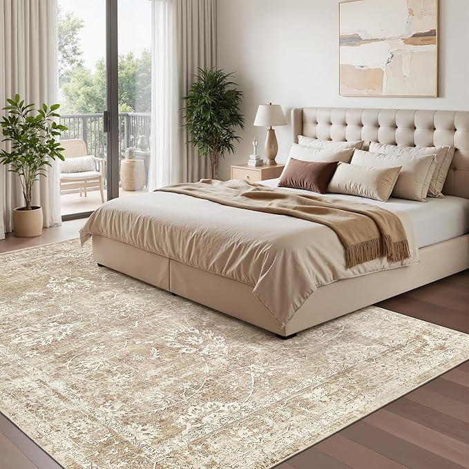 Madane Washable 6x9 Area Rugs for Living Room, Vintage Natural Rug with Non-Slip Backing, Soft Stain Resistant Throw Rugs Thin Carpet for Bedroom Dining Room Farmhouse (6 x 9, Beige/Brown)