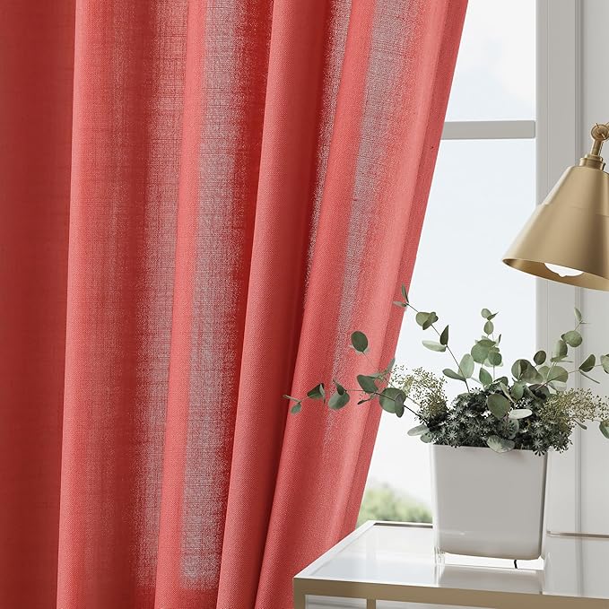 Nanspring Watermelon Red Linen Curtains 84 Inch Length 2 Panels Set, Back Tab Rod Pocket Light Filtering Privacy Semi Sheer Textured Curtains Neutral Farmhouse Decor Curtain for Living Room Bedroom