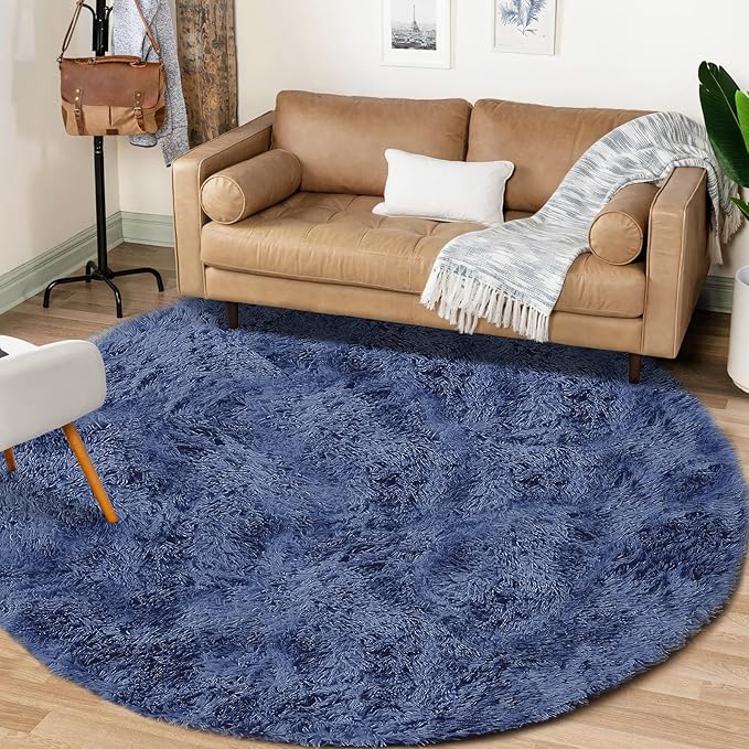 Navy Blue Round Rugs for Bedroom: 4ft Circle Fluffy Shag Soft Washable Rug Small Fuzzy Plush Indoor Carpet for Kids Girls Boys Nursery Dorm Classroom (Navy Blue, 4'x4')