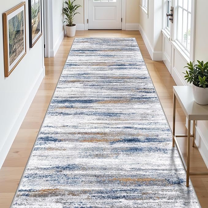4x12 Runner Rug for Wide Hallway: Long Washable Runners for Entryway Living Room Dining Room - Stain and Water Resistant Rugs with Non-Slip Backing - Soft Low-Pile Carpet Navy Grey