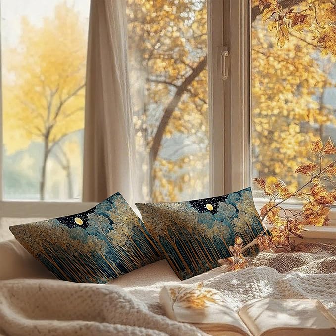 Rustic William Morris Inspired Forest Green Moon Decor Pillow Covers 12x20 Set of 2,Vintage Night Moon Botanical Nature Landscape Decorative Throw Pillow Covers for Home Bedroom Living Room