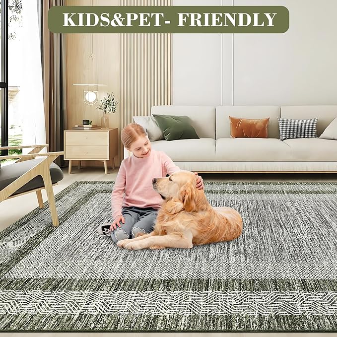 GarveeHome Modern Geometric Area Rug 4x6 Distressed Bordered Washable Non Slip Floor Carpet Non Shedding Thin Soft Low Pile Contemporary Green Rug for Dining Room, Living Room