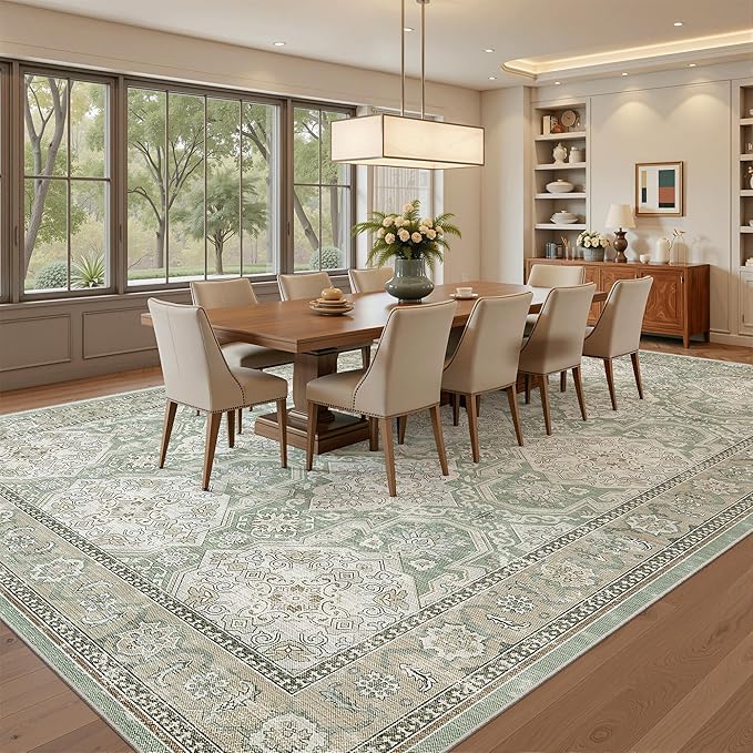 8x10 Area Rugs, Washable Rugs, Large Stain Resistant Area Rug for Living Room Bedroom Dining Room, Vintage Farmhouse Rug Green