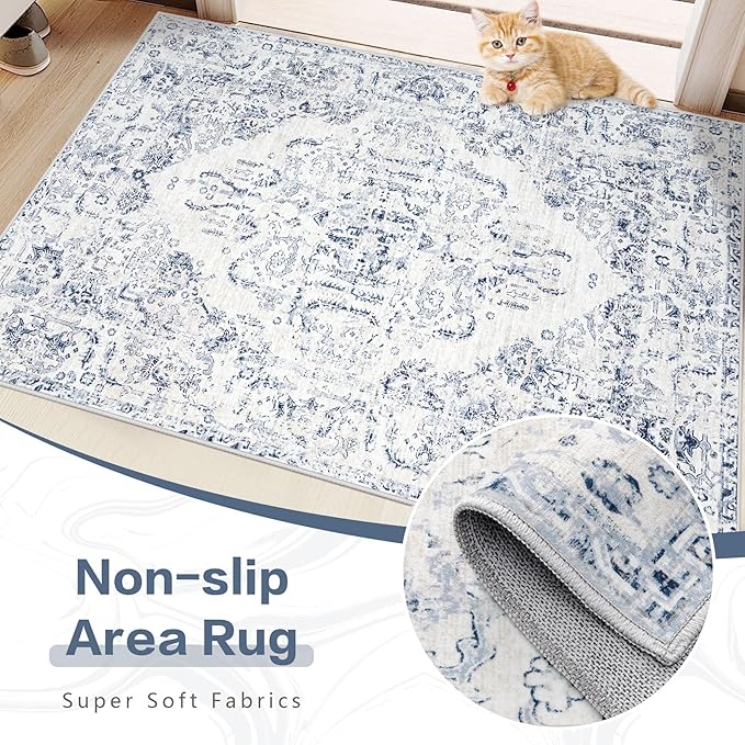 9x12 Area Rugs for Living Room: Washable Rug Vintage Large Rugs Soft Non Slip Low Pile Rug Floral Distressed Floor Carpet for Bedroom Dining Room Home Office (Blue,9'x12')