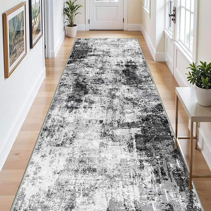3x12 Washable Runner Rugs for Hallway: Long Abstract Runners for Entryway Bedroom - Stain and Water Resistant Rugs with Non-Slip Backing - Soft Low-Pile Carpet Black Grey