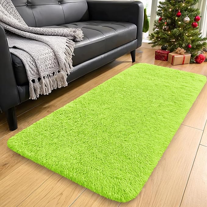 OLANLY 2x4 Machine Washable Runner Rugs for Hallway, Soft Fluffy Shaggy Bedside Rugs for Bedroom, Living Room, Indoor Floor Carpet for Kids Girls and Boys, Home Decor Aesthetic, Lime Green