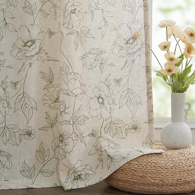 jinchan Floral Linen Curtains for Living Room 84 Inch Length Green Flower Curtain Rod Pocket Back Tab Farmhouse Curtains with Printed Floral Bedroom Window Curtain Set, 2 Panels Green