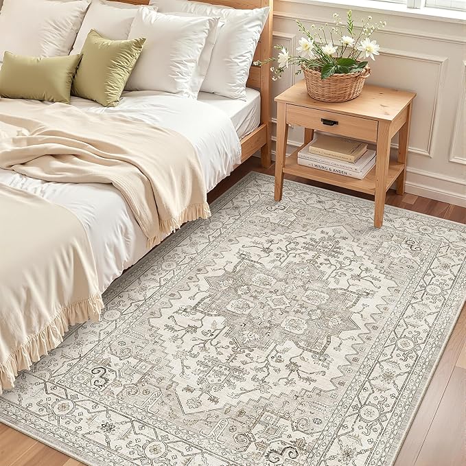Madane Area Rug 4x6 Washable Rugs: Vintage Living Room Rug Soft Low Pile Non Slip Area Rugs Distressed Indoor Floor Carpet for Bedroom Kitchen Dining Room Home Decor, Beige/Brown