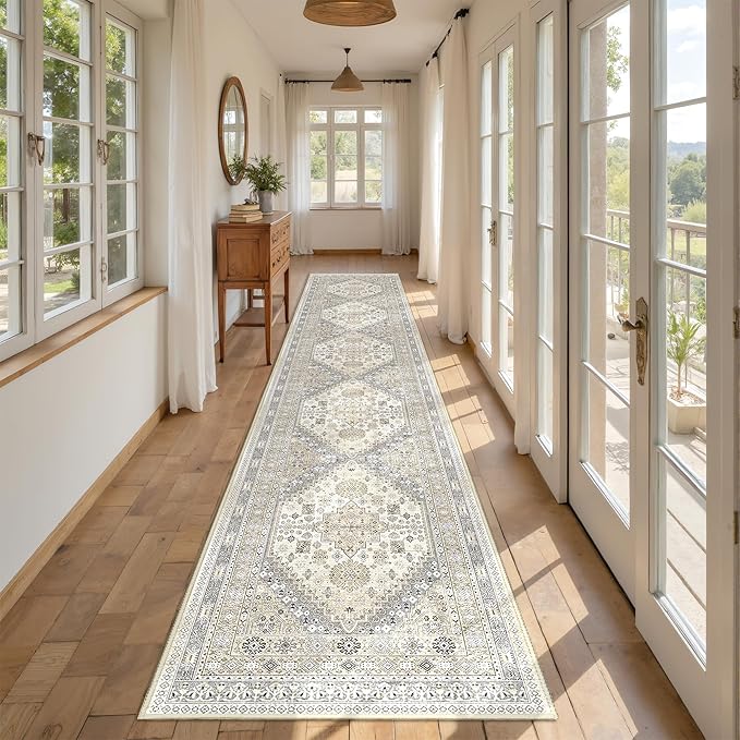 Hallway Runner Rug 2x12, Extra Long Washable Runner Rugs with Rubber Backing, Non Slip Runner, Vintage Rug Runners for Kitchen Laundry Room Entryway (Beige,2'x12')