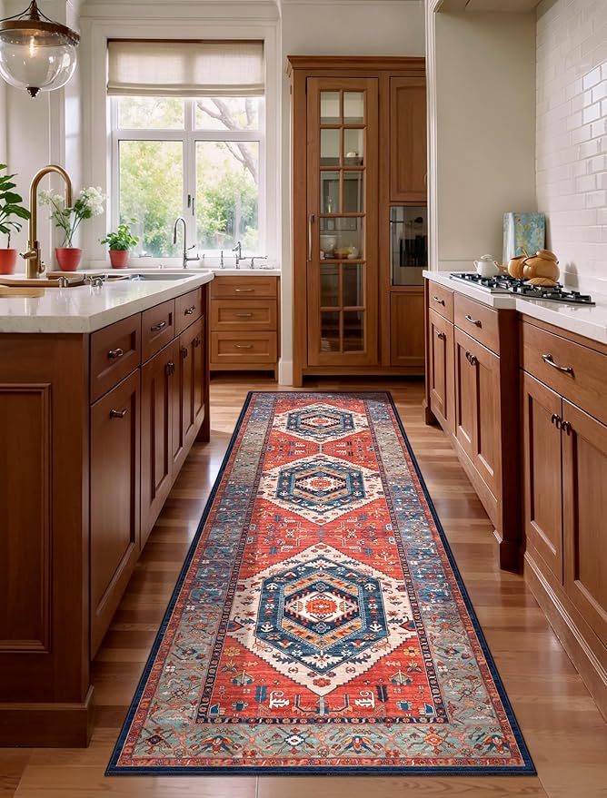 SERISSA Runner Rug for Hallways, 3x8 Washable Non Slip Kitchen Runner Rug, Long Boho Rug Vintage Rust Hallway Stair Ultra Soft Print Floor Carpet for Bedroom Bathroom Laundry Room