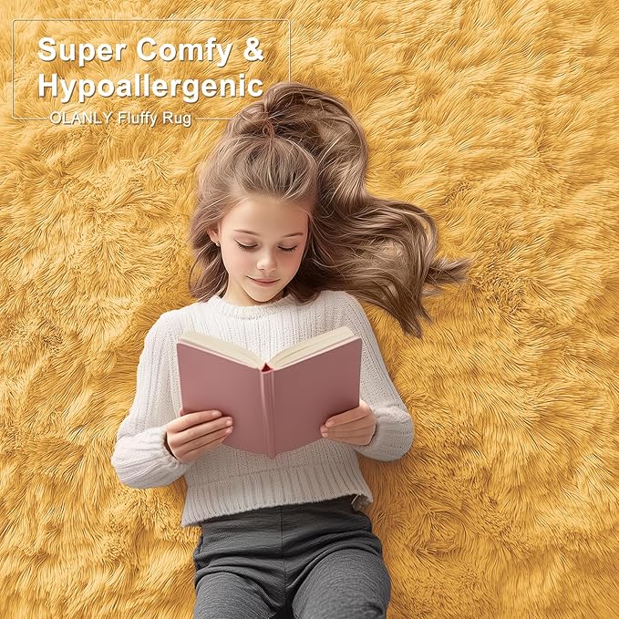 OLANLY 2x6 Machine Washable Runner Rugs for Hallway, Soft Fluffy Shaggy Bedside Rugs for Bedroom, Living Room, Indoor Floor Carpet for Kids Girls and Boys, Home Decor Aesthetic, Mustard Yellow