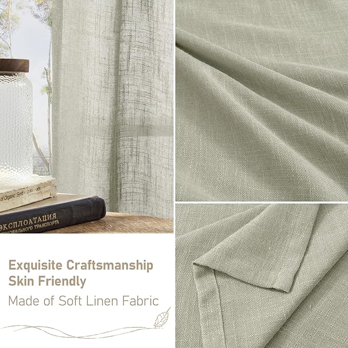 LAMIT Sheer Linen Curtains for Living Room, Back Tab and Rod Pocket Curtains Light Filtering Country Rustic Farmhouse Drapes for Bedroom/Farmhouse, 2 Panels, 52 x 102 Inch, Sage Grey