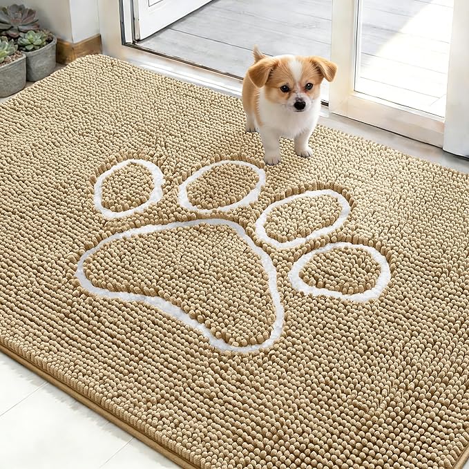 OLANLY Dog Door Mat for Muddy Paws 48x30, Paw Print Design, Absorbs Moisture and Dirt, Absorbent Non-Slip Washable Doormat, Quick Dry Chenille Mud Mat for Dogs, Entry Indoor Entryway Carpet, Beige