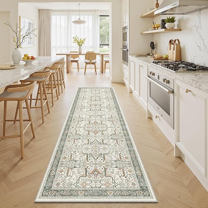 Washable 2x8 Runner Rug - Non Slip Vintage Kitchen Runner Rugs Low-Pile Distressed Long Rugs for Hallway Waterproof Indoor Carpet for Living Room Bedroom Entryway 2'x8' Green