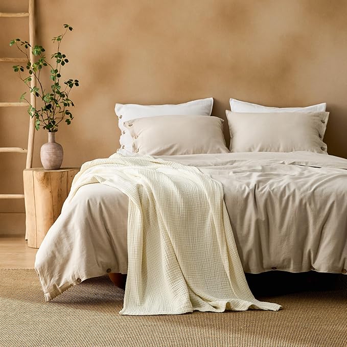 Bedsure 100% Cotton Muslin Blankets for Adults Large Throw 50x70 Inches - 4-Layer Breathable and Lightweight, Soft Boho Gauze Muslin Cotton Blanket for Couch Decor Travel Summer, Cream