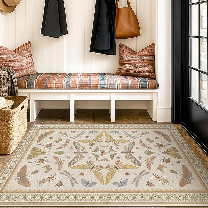 Hazo Haus 3x5 Washable Non-Slip Bathroom Rug, Colorful Insect Rug for Kids Room - Ultra Soft Low Pile Cottagecore Butterfly & Beetle Pattern for Nature-Inspired Home Décor
