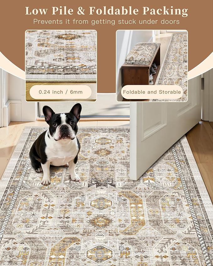 Madane Hallway Runner Rug 2'6''x12' Kitchen Runner, Non Slip Vintage Runners for Hallways Washable Kitchen Rugs Soft Low Pile 2.5x12 ft Rug Runner for Laundry Room, Entryway and Bedroom, Brown/Gold