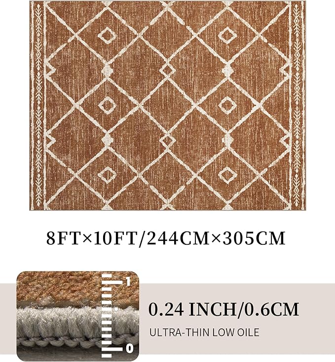 YIHOUSE Western Rugs for Living Room, 8x10 Moroccan Area Rug, Aztec Burnt Orange Large Rug, Southwestern Soft Low-Pile Washable Rugs for Bedroom, Dining Room